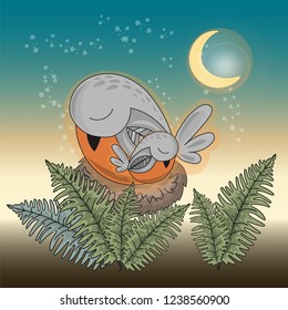 GOOD NIGHT BIRD Animal Vector Illustration Set Print Greeting Decoration Holiday Wall Art Scrapbooking, Design