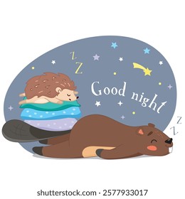 good night bob and hedgehog, bob sleeps, hedgehog sleeps on pillows, sweet dreams, good night sticker, night, stars, calm, rest