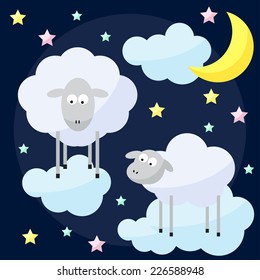 Good night bright funny childish vector background. Cartoon moon, cloud, star, sheep. 