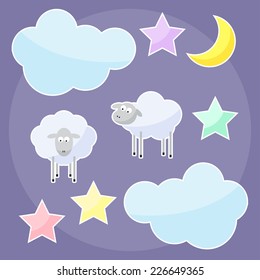 Good night bright funny vector background. Cartoon moon, cloud, star and sheep. 