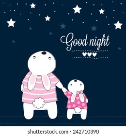 good night bunnies and stars vector illustration