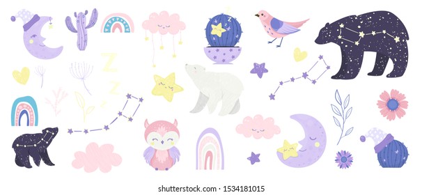 Good night card with bear, bird, owl, star, cactus, cloud, moon. Vector illustration