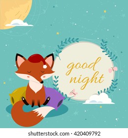Good night card with cute cartoon sleepy fox on the pillows.