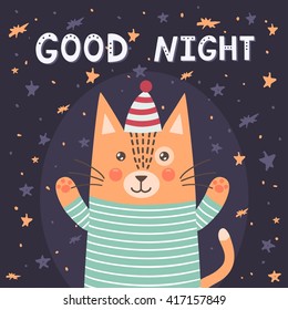 Good night card with a cute cat. Vector illustration