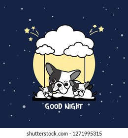 Good night card  with cute dog on the cloud vector illustration.