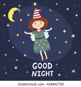 Good night card with a cute fairy. Vector illustration