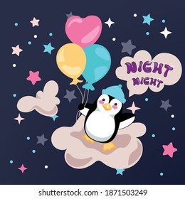 Good night card with a cute little penguin flying high up in the sky among clouds and stars. Vector illustration with a drowsy childish mood. 