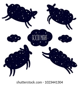 Good night card with the cute sheep jumping over. Sweet dreams background. Good night text in cloud. Count them and sleep concept. Sky and stars in the silhouette of farm animals. Vector illustration