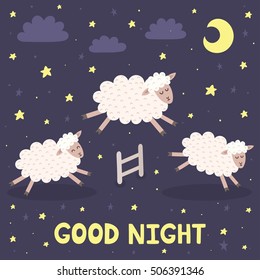 Good night card with the cute sheep jumping over a fence. Sweet dreams background. Vector illustration