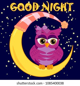 Good night. Card with cute sleeping owl. Vector illustration.