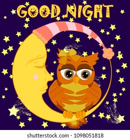 Good night. Card with cute sleeping owl. Vector illustration.