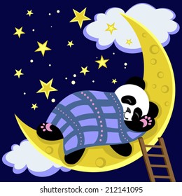 Good night card with the cute sleeping panda on the moon. Vector illustration of  cartoon collection. Panda in the starry sky