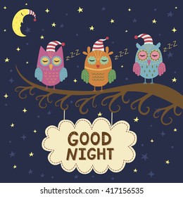 Good night card with cute sleeping owls. Vector illustration