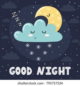 Good Night Card With Cute Sleeping Cloud And The Moon. Sweet Dreams Background. Vector Illustration