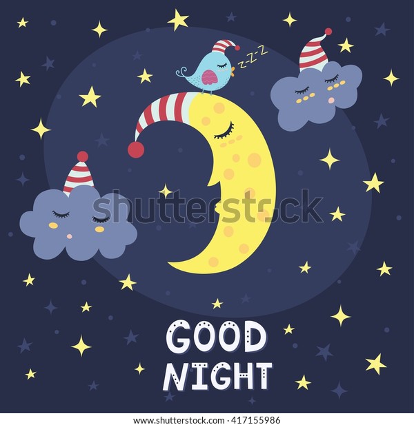 かわいい眠りの月と雲と鳥のおやすみのカード ベクターイラスト のベクター画像素材 ロイヤリティフリー