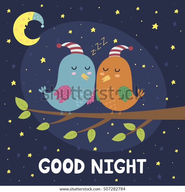 かわいい寝鳥のおやすみのカード ベクターイラスト のベクター画像素材 ロイヤリティフリー