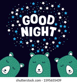 Good night card with a cute sleepy bear. Vector illustration