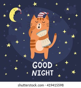 Good night card with a cute sleepy cat. Vector illustration