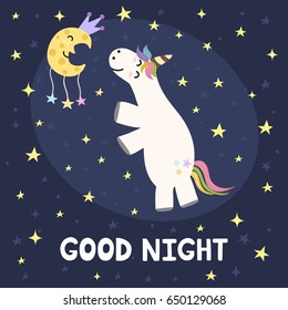 Good night card with cute unicorn and moon. Vector illustration