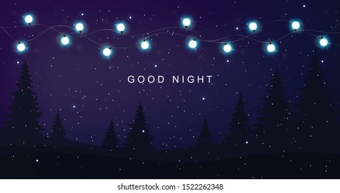 Good night card with fairy lights, magic forest on foreground and white dots. Vector composition