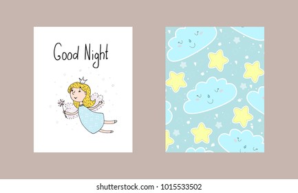 Good night card. Hand Drawn cute cartoon Fairy vector illustration.