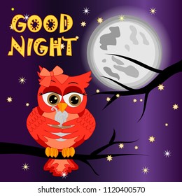 Good night card with moon and cute owl