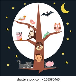 Good Night Card with Moon and Stars and Animals