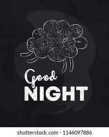 "Good Night" card with sheep jumping in the night sky. White hand-drawn picture with textured text on chalkboard background. Beautiful illustration about helping baby to sleep.