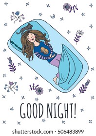 Good night card with sleeping girl and cats. Vector illustration card.
