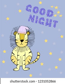 Good night card with sleeping lion and stars, hand drawn letters on the blue background. Vector illustration.