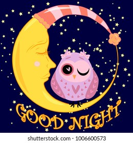 Good night card with sleeping moon and cute owl. Vector illustration