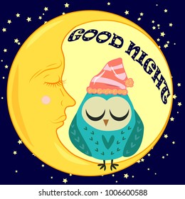 Good night card with sleeping moon and cute owl. Vector illustration