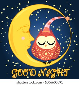 Good night card with sleeping moon and cute owl. Vector illustration