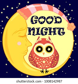 Good night card with sleeping moon and cute owl. Vector illustration