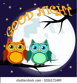 Good night card with sleeping moon and cute owl. Vector illustration