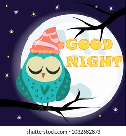 Good night card with sleeping moon and cute owl. Vector illustration