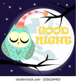 Good night card with sleeping moon and cute owl. Vector illustration