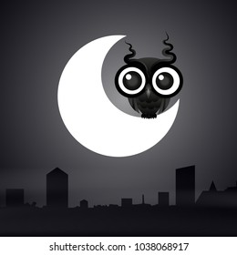 Good night card with sleeping moon and cute owl. Vector illustration