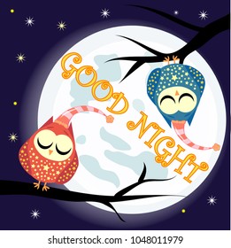 Good night card with sleeping moon and cute owl. Vector illustration