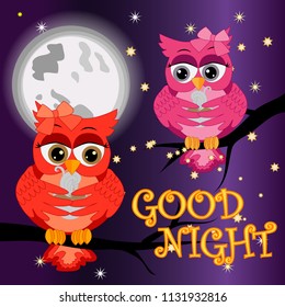 Good night card with sleeping moon and cute owl.