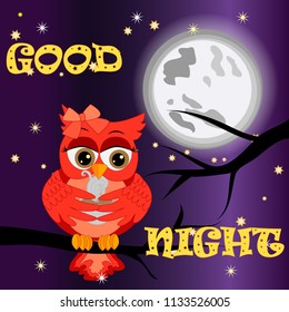 Good night card with sleeping moon and cute owl. Vector illustration