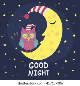 Good Night Card With Sleeping Moon And Cute Owl. Vector Illustration