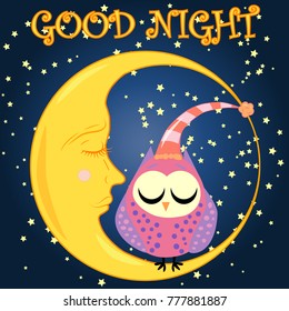 Good night card with sleeping moon and cute owl. Vector illustration