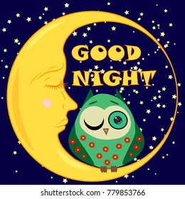 Good night card with sleeping moon and cute owl. Vector illustration