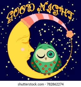 Good night card with sleeping moon and cute owl. Vector illustration