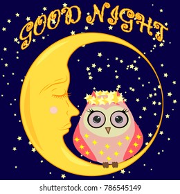 Good night card with sleeping moon and cute owl. Vector illustration