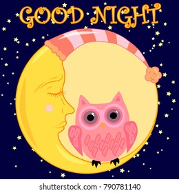 Good night card with sleeping moon and cute owl. Vector illustration