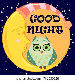 Good night card with sleeping moon and cute owl. Vector illustration