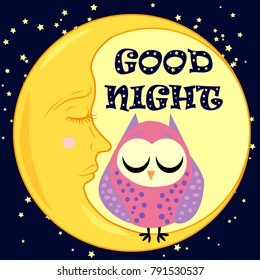 Good night card with sleeping moon and cute owl. Vector illustration