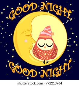 Good night card with sleeping moon and cute owl. Vector illustration